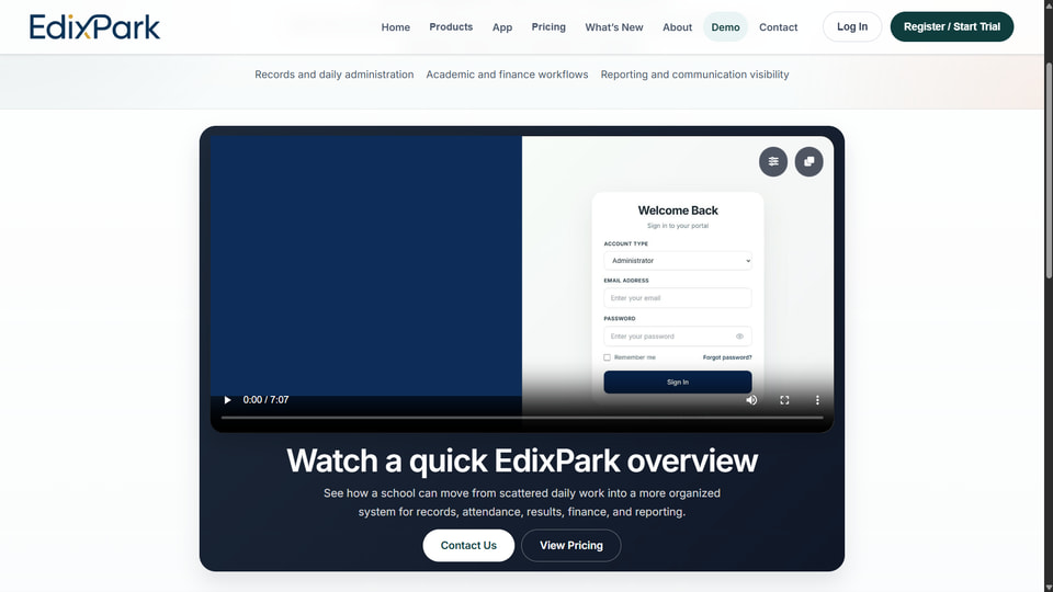 EdixPark public product overview showing the platform's empty sign-in screen.